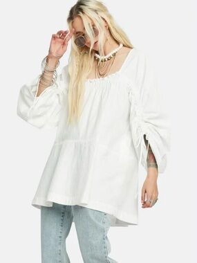 FREE PEOPLE White Puff Long Sleeve Ruched Brynn Tunic Top Voile Mini Dress